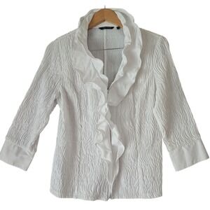SAMUEL DONG Victorian Ruffle Trim Texured White Zipper Blouse 3/4 Sleeve Cuff L